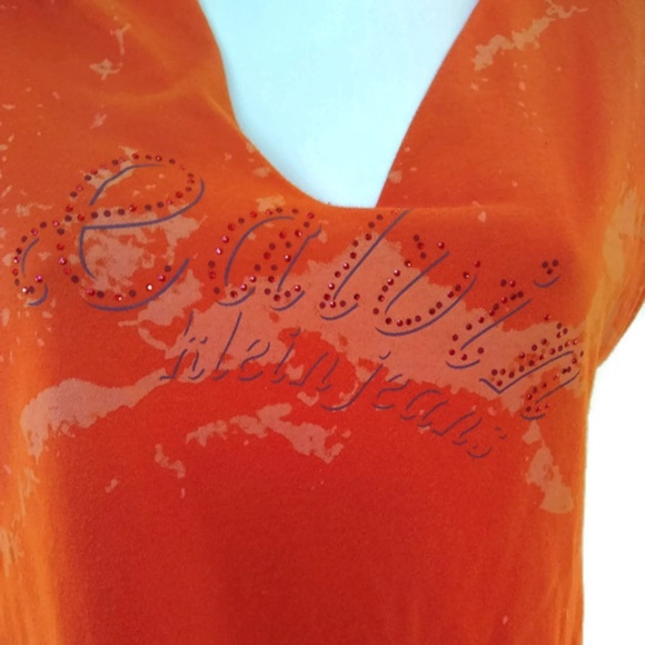 Calvin Klein Womens T-Shirt V-Neck Raw Edge Orange Top Size Small - Picture 2 of 6